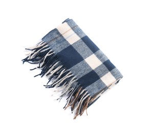 Photo of Checkered blue wool scarf isolated on white, top view