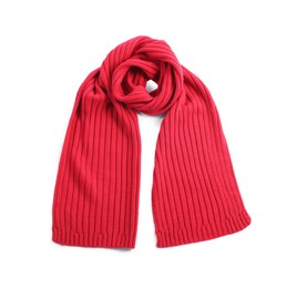 Photo of Red wool scarf isolated on white, top view