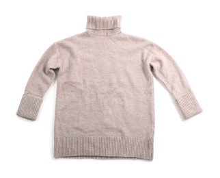 Photo of Beige wool sweater isolated on white, top view