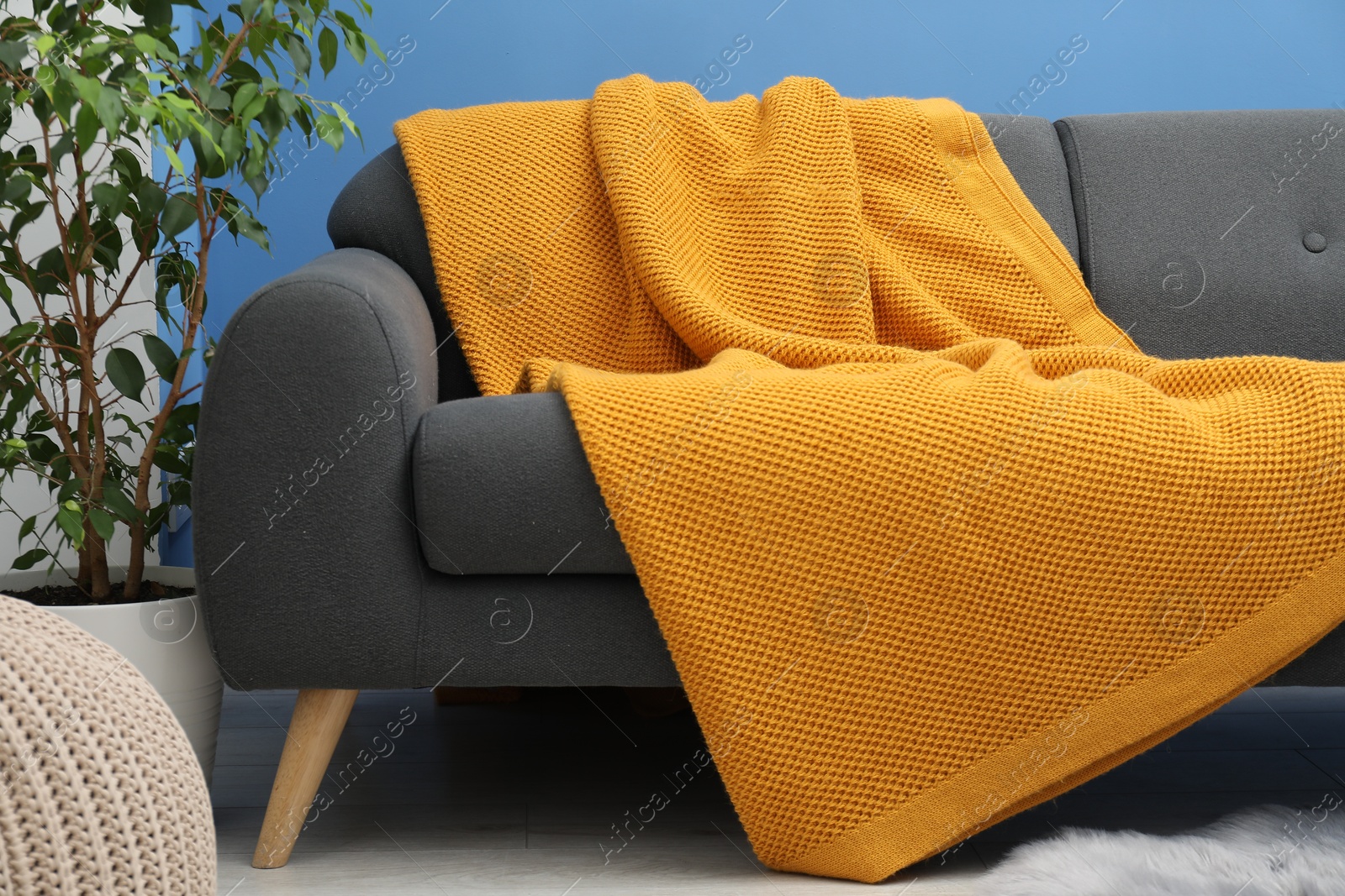 Orange woolen blanket on sofa in living room Photo of Orange woolen blanket on sofa in living room