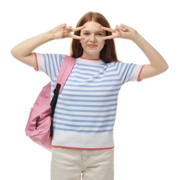 Photo of Teenage girl with backpack posing on white background
