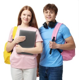 Photo of Teenage girl and boy with laptop on white background