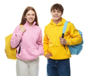 Photo of Teenage girl and boy with backpacks on white background