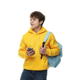 Photo of Teenage boy with smartphone and backpack on white background