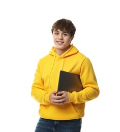Photo of Teenage boy with laptop on white background