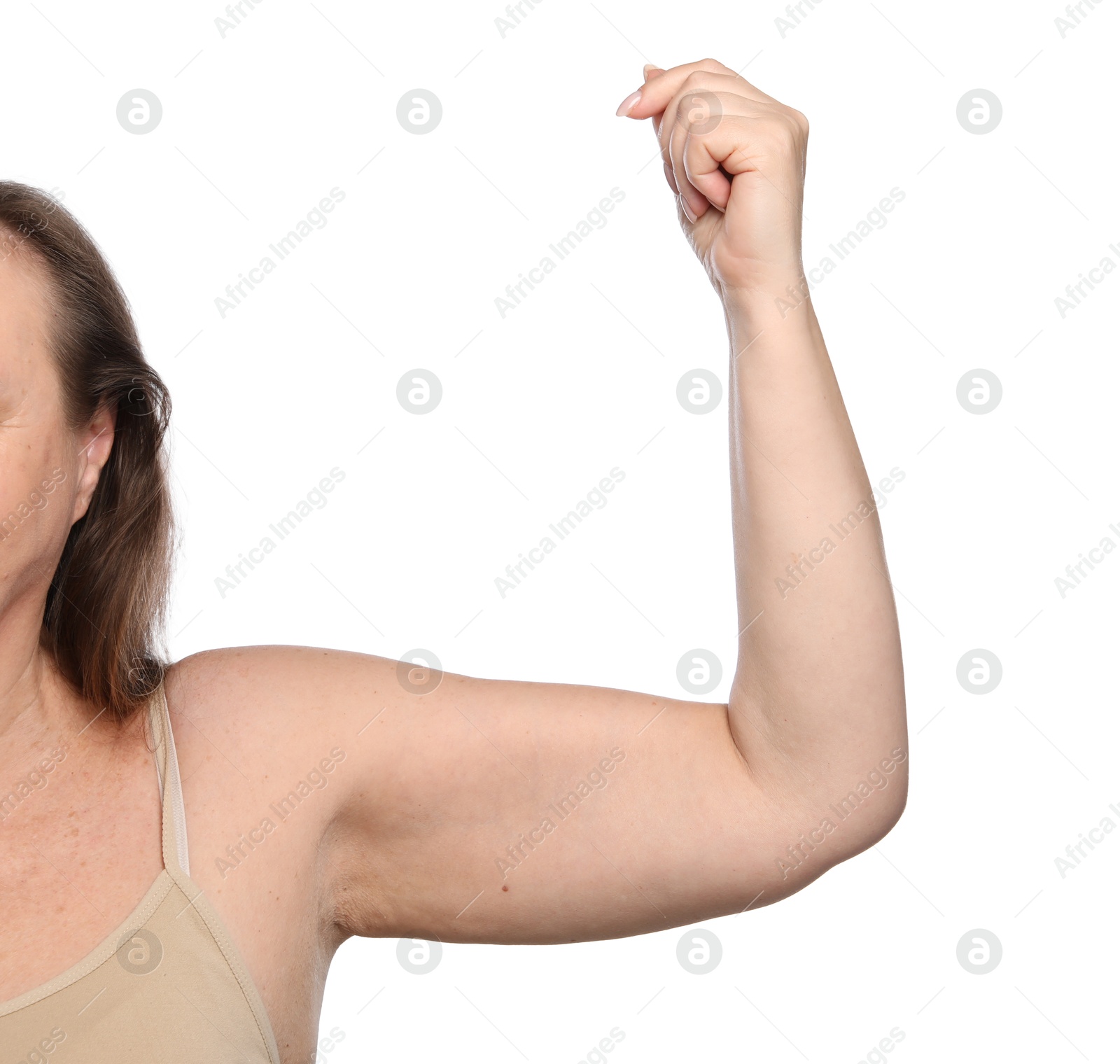 Woman with flabby arm on white background, closeup Photo of Woman with flabby arm on white background, closeup