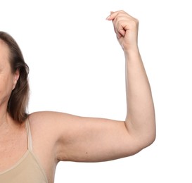 Photo of Woman with flabby arm on white background, closeup