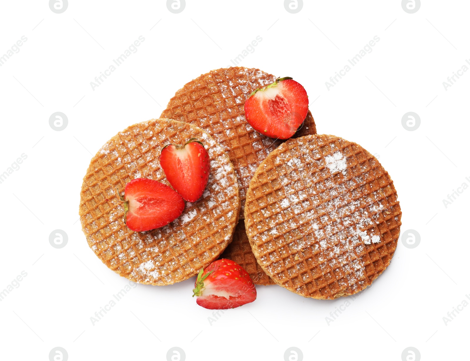 Tasty Dutch waffles (stroopwafels) and strawberries isolated on white, top view Photo of Tasty Dutch waffles (stroopwafels) and strawberries isolated on white, top view