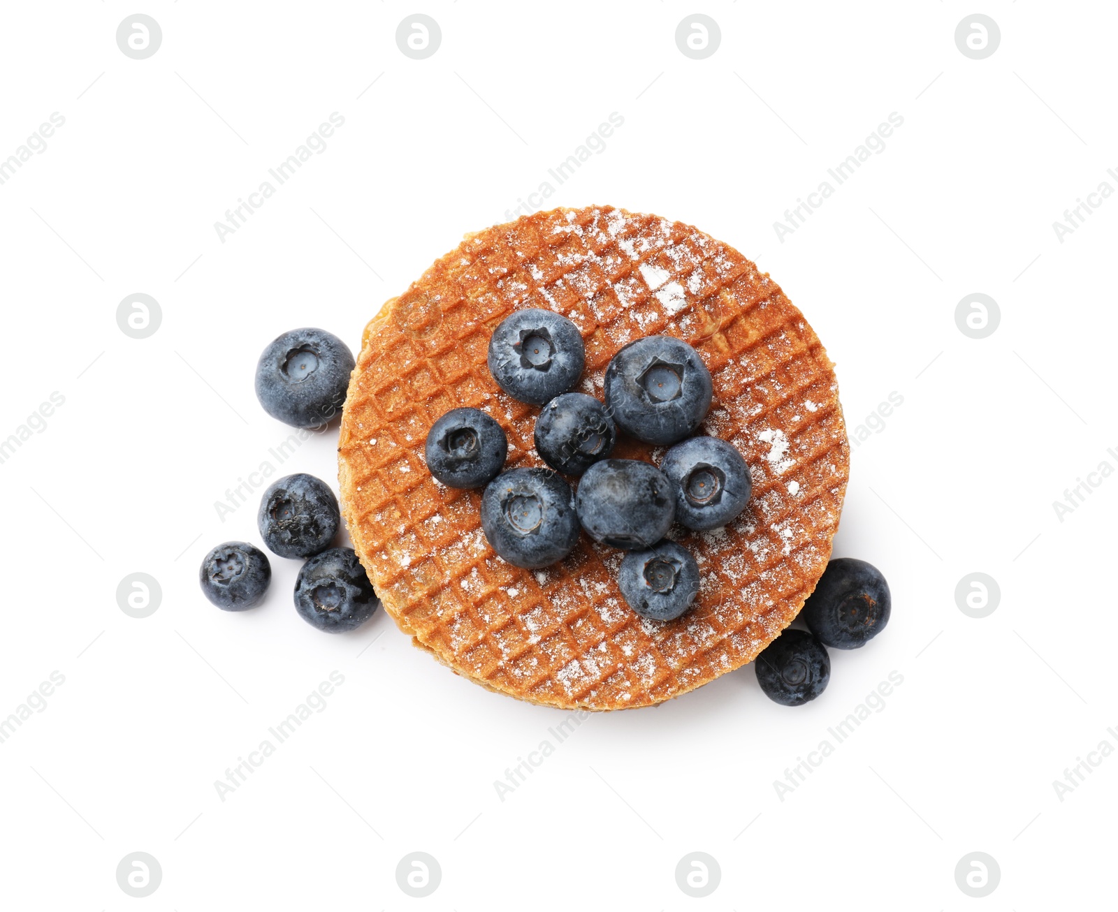 Tasty Dutch waffles (stroopwafels) and blueberries isolated on white, top view Photo of Tasty Dutch waffles (stroopwafels) and blueberries isolated on white, top view