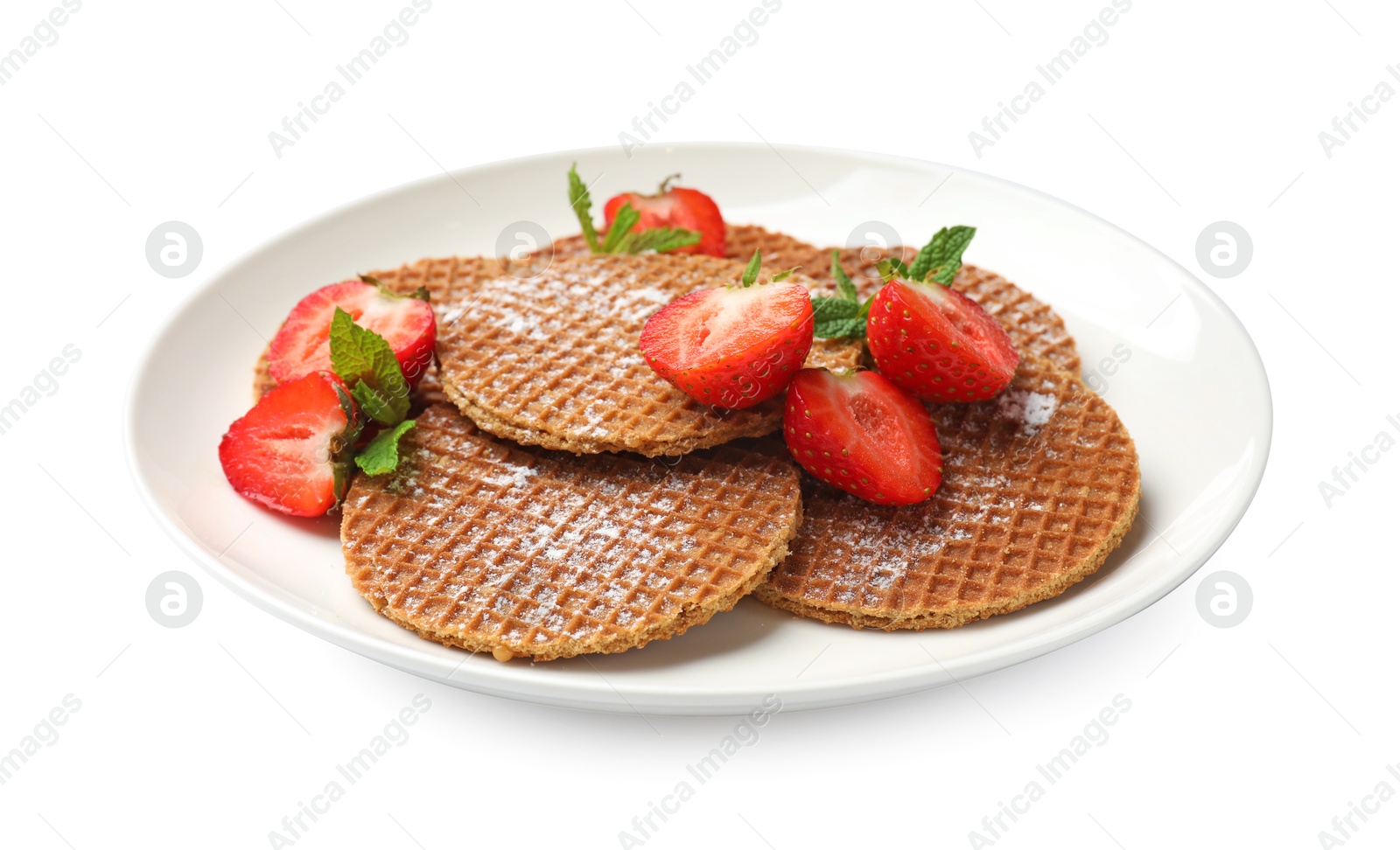 Tasty Dutch waffles (stroopwafels), mint and strawberries isolated on white Photo of Tasty Dutch waffles (stroopwafels), mint and strawberries isolated on white