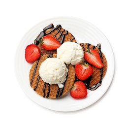 Photo of Tasty Dutch waffles (stroopwafels) with strawberries, ice cream and chocolate sauce isolated on white, top view