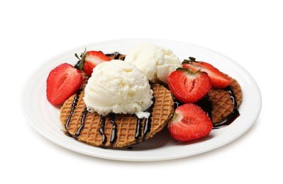 Photo of Tasty Dutch waffles (stroopwafels) with strawberries, ice cream and chocolate sauce isolated on white