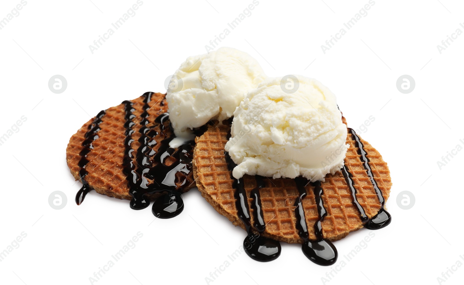 Tasty Dutch waffles (stroopwafels) with ice cream and chocolate sauce isolated on white Photo of Tasty Dutch waffles (stroopwafels) with ice cream and chocolate sauce isolated on white