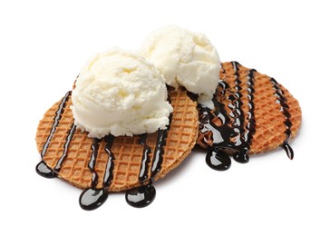 Photo of Tasty Dutch waffles (stroopwafels) with ice cream and chocolate sauce isolated on white