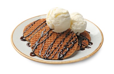 Photo of Tasty Dutch waffles (stroopwafels) with ice cream and chocolate sauce isolated on white