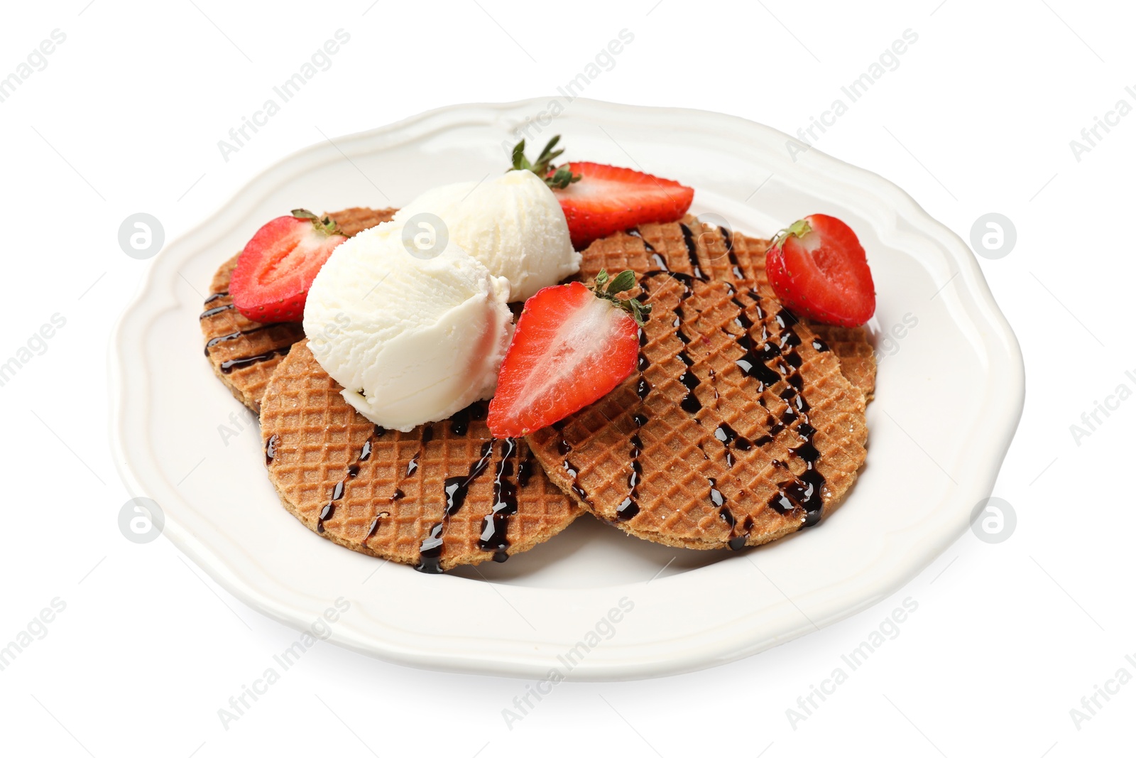 Tasty Dutch waffles (stroopwafels) with ice cream, strawberries and chocolate sauce isolated on white Photo of Tasty Dutch waffles (stroopwafels) with ice cream, strawberries and chocolate sauce isolated on white