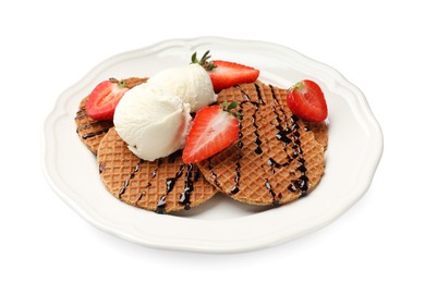 Photo of Tasty Dutch waffles (stroopwafels) with ice cream, strawberries and chocolate sauce isolated on white