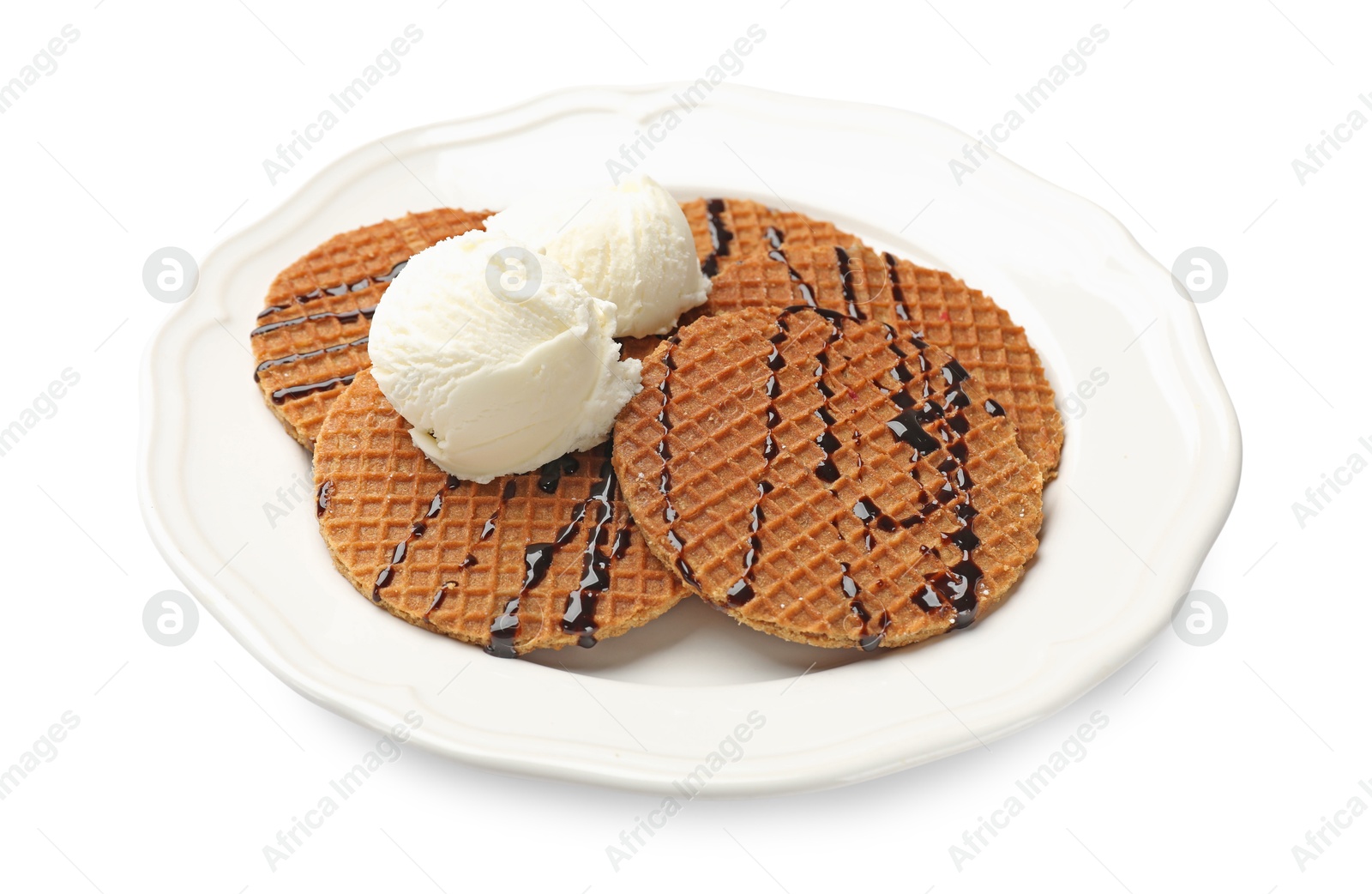 Tasty Dutch waffles (stroopwafels) with ice cream and chocolate sauce isolated on white Photo of Tasty Dutch waffles (stroopwafels) with ice cream and chocolate sauce isolated on white