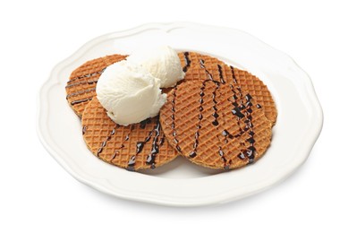 Photo of Tasty Dutch waffles (stroopwafels) with ice cream and chocolate sauce isolated on white