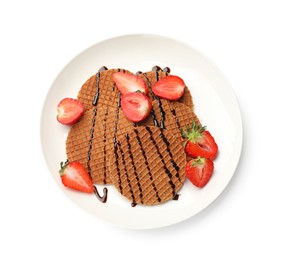 Photo of Tasty Dutch waffles (stroopwafels) with strawberries and chocolate sauce isolated on white, top view