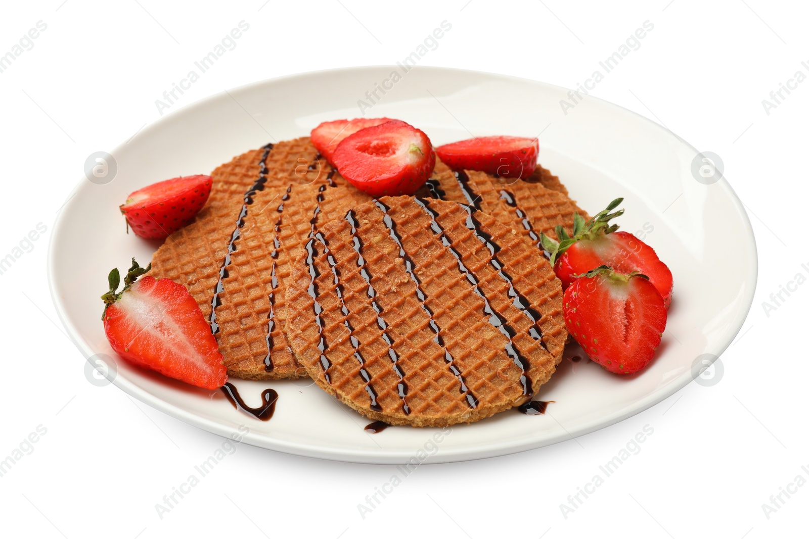 Tasty Dutch waffles (stroopwafels) with strawberries and chocolate sauce isolated on white Photo of Tasty Dutch waffles (stroopwafels) with strawberries and chocolate sauce isolated on white