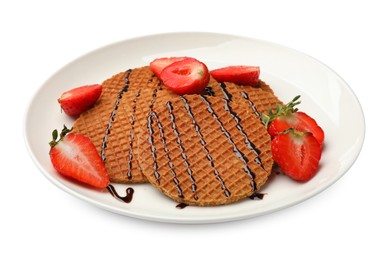 Photo of Tasty Dutch waffles (stroopwafels) with strawberries and chocolate sauce isolated on white