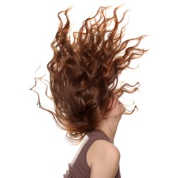 Photo of Teenage girl with healthy wavy hair on white background