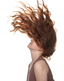 Photo of Teenage girl with healthy wavy hair on white background