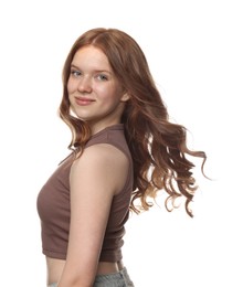 Photo of Portrait of beautiful teenage girl with healthy wavy hair on white background