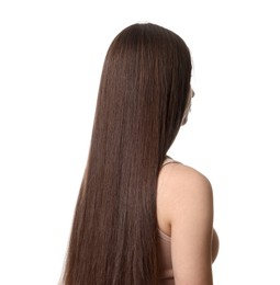 Photo of Teenage girl with healthy long hair on white background