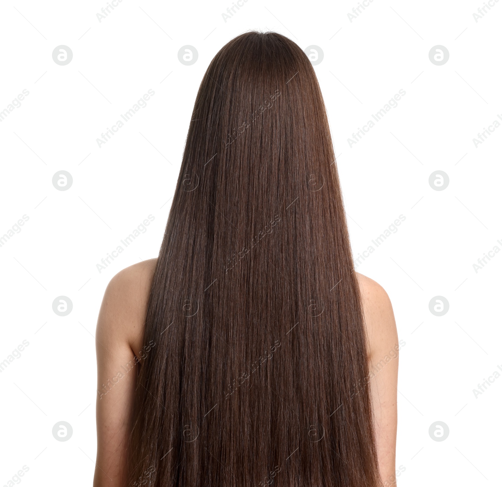Teenage girl with healthy long hair on white background, back view Photo of Teenage girl with healthy long hair on white background, back view