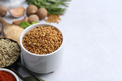 Photo of Different aromatic spices on light grey table, closeup. Space for text