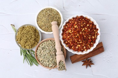 Photo of Different aromatic spices on light grey textured table, flat lay