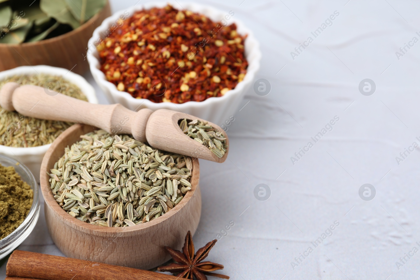 Different aromatic spices on light grey textured table, closeup. Space for text Photo of Different aromatic spices on light grey textured table, closeup. Space for text