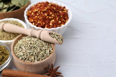 Photo of Different aromatic spices on light grey textured table, closeup. Space for text