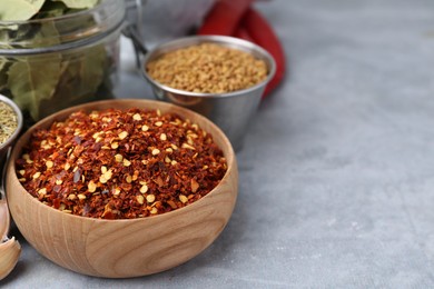 Photo of Different aromatic spices on grey table, selective focus. Space for text