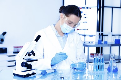 Photo of Scientist working with sample in Petri dish at table in laboratory