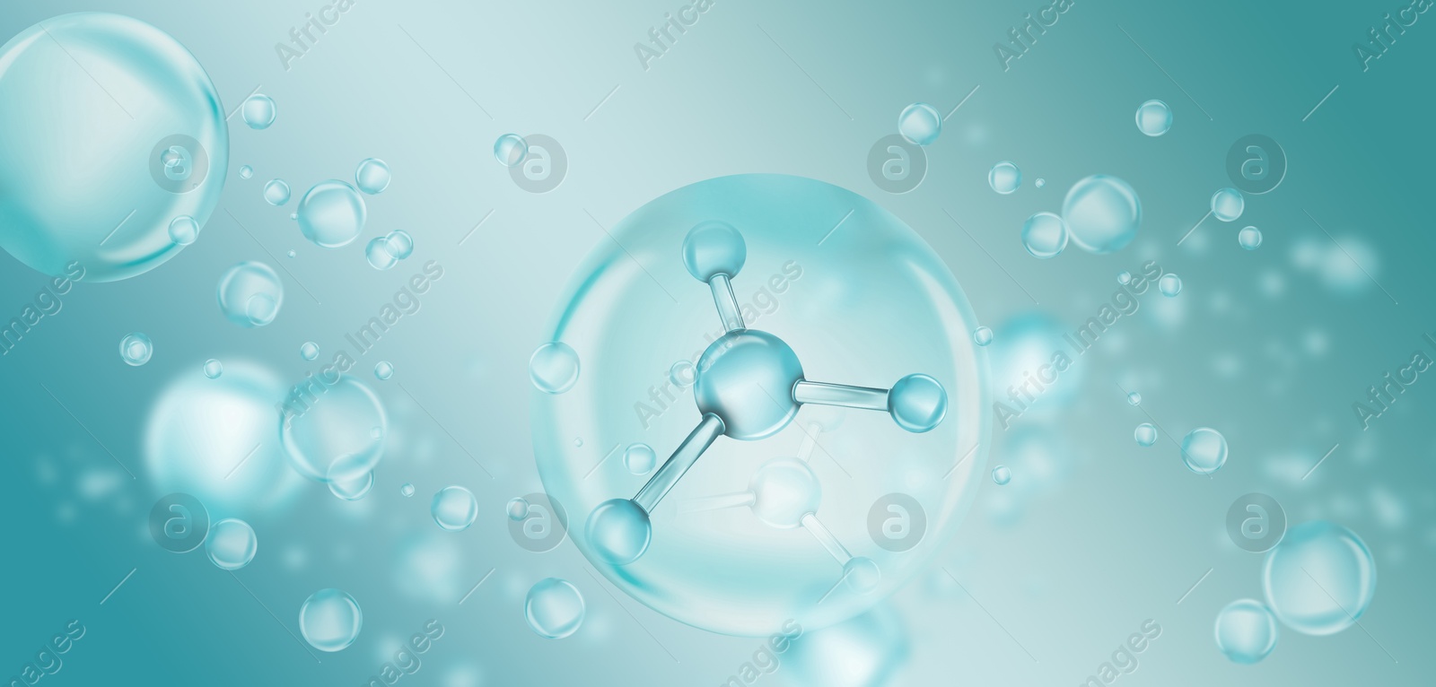 Collagen molecule among bubbles on turquoise gradient background, banner design. Skincare cosmetic solution, serum or essence Image of Collagen molecule among bubbles on turquoise gradient background, banner design. Skincare cosmetic solution, serum or essence