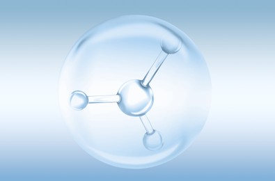 Image of Collagen molecule inside bubble on light blue gradient background. Skincare cosmetic solution, serum or essence