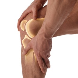 Image of Anatomy of knee. Man with illustration on his leg against white background, closeup