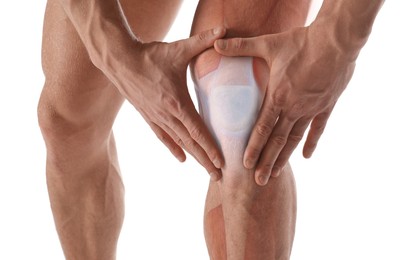 Image of Anatomy of knee. Man with illustration on his leg against white background, closeup