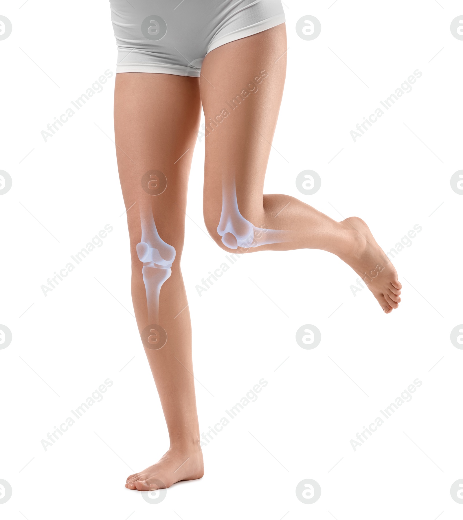 Anatomy of knee. Woman running against white background, closeup. Illustration on her leg Image of Anatomy of knee. Woman running against white background, closeup. Illustration on her leg