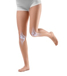 Image of Anatomy of knee. Woman running against white background, closeup. Illustration on her leg