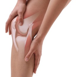 Image of Anatomy of knee. Woman with illustration on her leg against white background, closeup