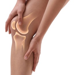 Image of Anatomy of knee. Woman with illustration on her leg against white background, closeup