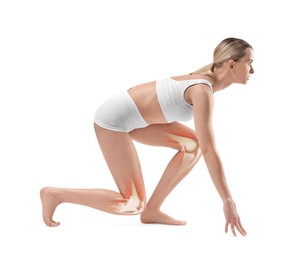 Image of Anatomy of knee. Woman in starting position for run on white background. Illustration on her legs