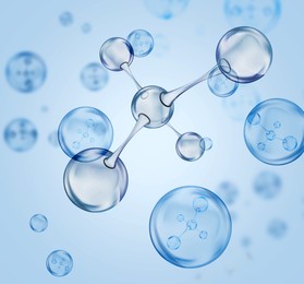 Image of Large collagen molecule surrounded by smaller ones inside transparent bubbles on light blue gradient background. Skincare cosmetic solution, serum or essence