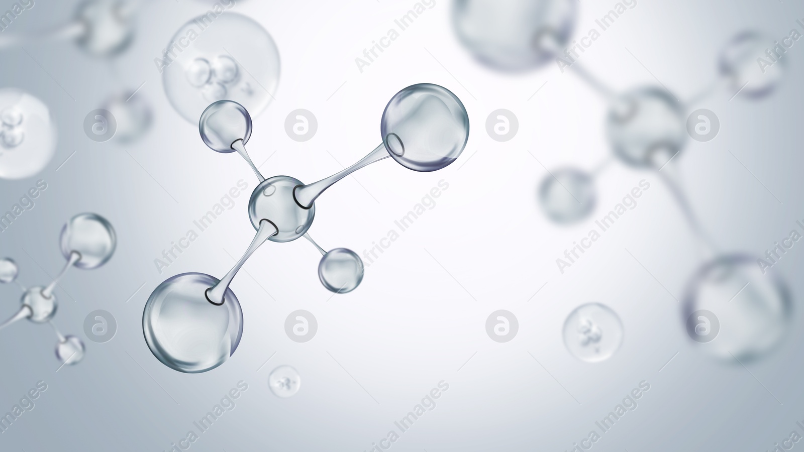 Collagen molecules on light grey gradient background, banner design. Skincare cosmetic solution, serum or essence Image of Collagen molecules on light grey gradient background, banner design. Skincare cosmetic solution, serum or essence