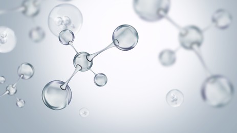 Image of Collagen molecules on light grey gradient background, banner design. Skincare cosmetic solution, serum or essence