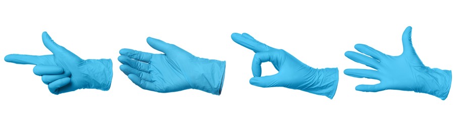 Image of Nitrile medical gloves isolated on white, collage collage of gestures